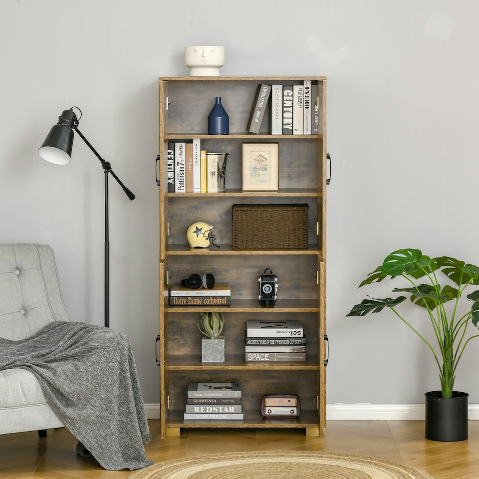 image 1 of HOMCOM Farmhouse 4-Door Cabinet with Storage Shelves for Bedroom Rustic Wood