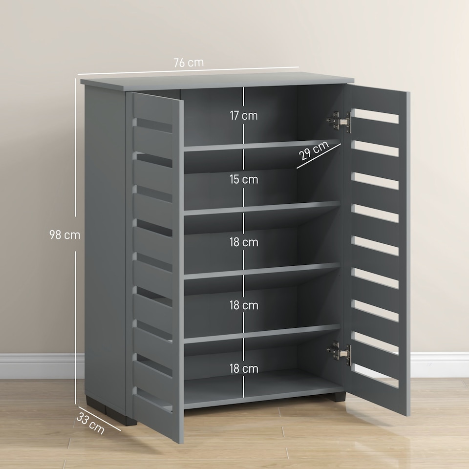 image 1 of HOMCOM Narrow Shoe Cabinet for Entryway, 5-Tier Slim Shoe Storage Cabinet with 2 Slatted Doors and Adjustable Shelves for 15 Pairs, Dark grey | Grey | Dark Grey