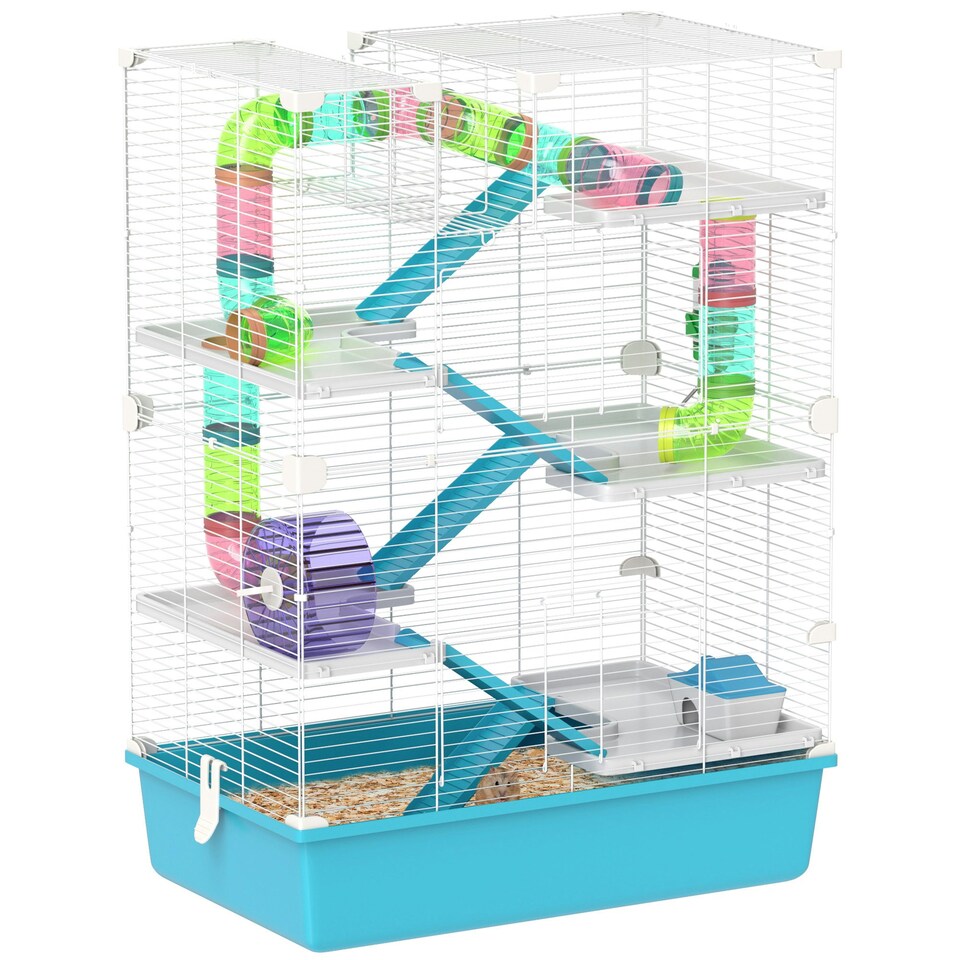 image 1 of PawHut 6 Tier Hamster Cage with Twin Tower and Accessories, Light Blue