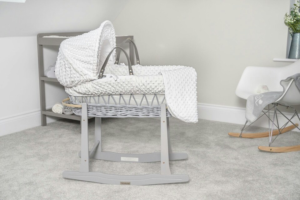 image 1 of Clair de Lune White Dimple Grey Wicker Moses Basket With Grey Rocking Stand