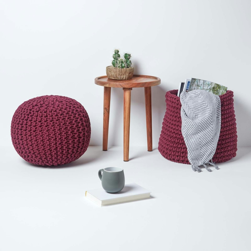 image 1 of Homescapes Plum Round Cotton Knitted Pouffe Footstool - 35 x 40 cm