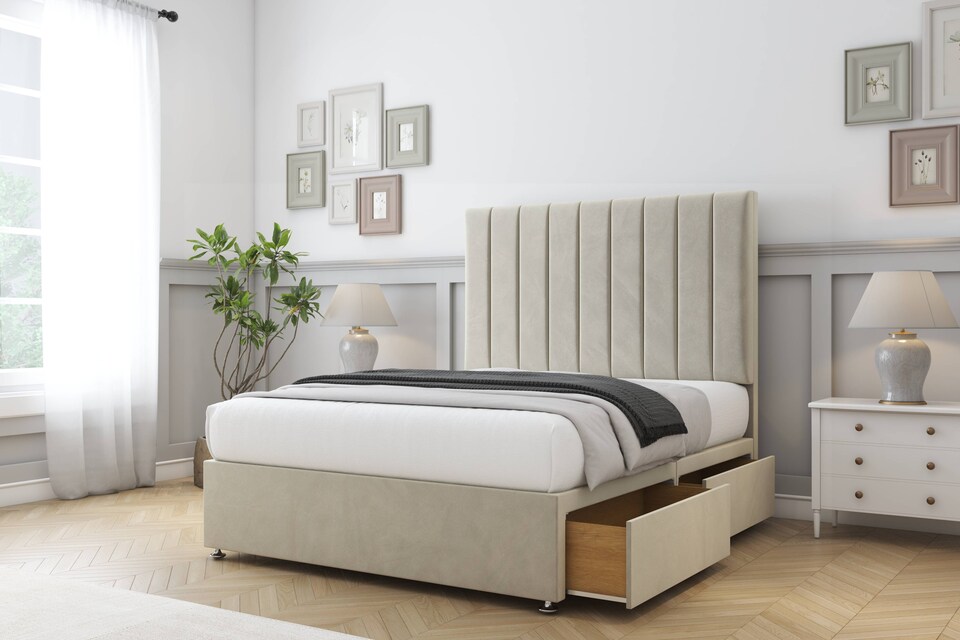 image 1 of Sloomy Kansas Cream Plush Divan Bed Base No Drawers With 54 Inch Floor Standing Headboard | Cream | Cream | Small Single | 1