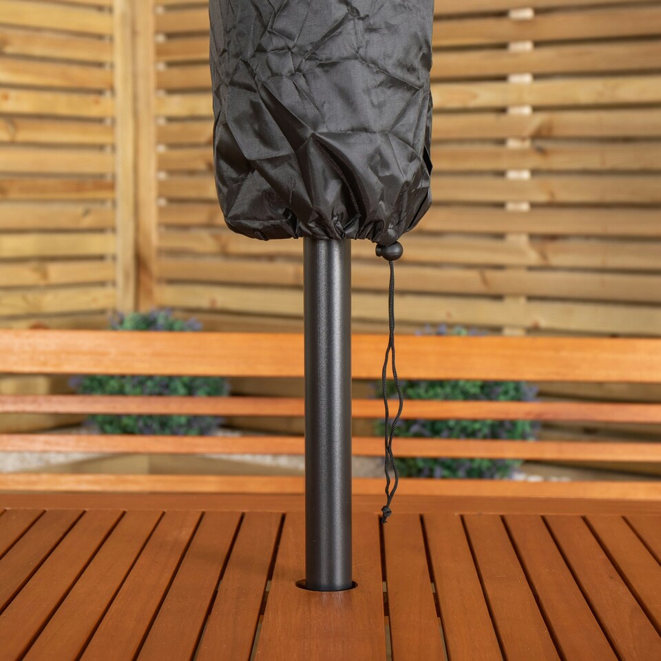 image 1 of Outdoor 4 Person Rectangular Wooden Garden Table, 2 Benches with Grey Havana Parasol & Base