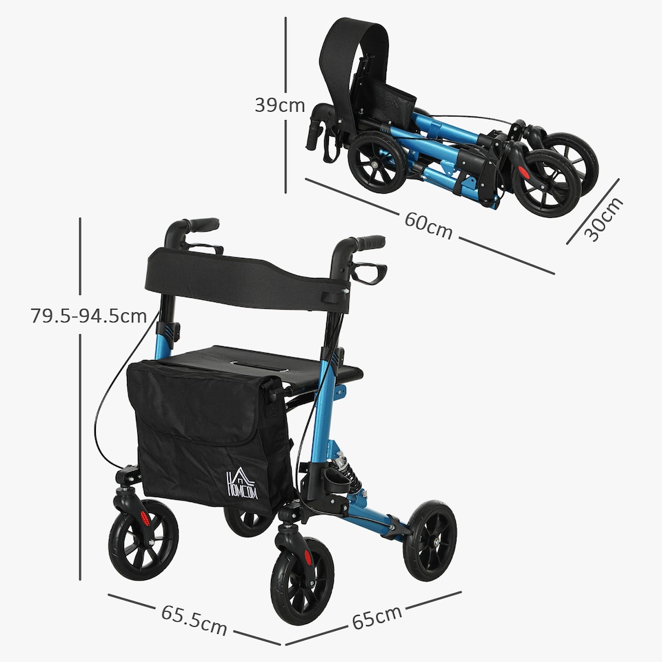 image 1 of HOMCOM Folding Rollator Walker with Seat, Backrest, Lightweight Walking Frame with Storage Bag, Dual Brakes, Adjustable Handle Height, Suspension System, 4 Wheeled Walker for Seniors, Blue