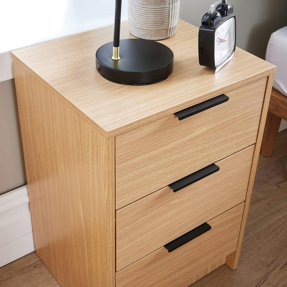 image 1 of Bedside 3 Drawer Storage Oak Effect Clothing Nightstand Organiser Bedroom Table