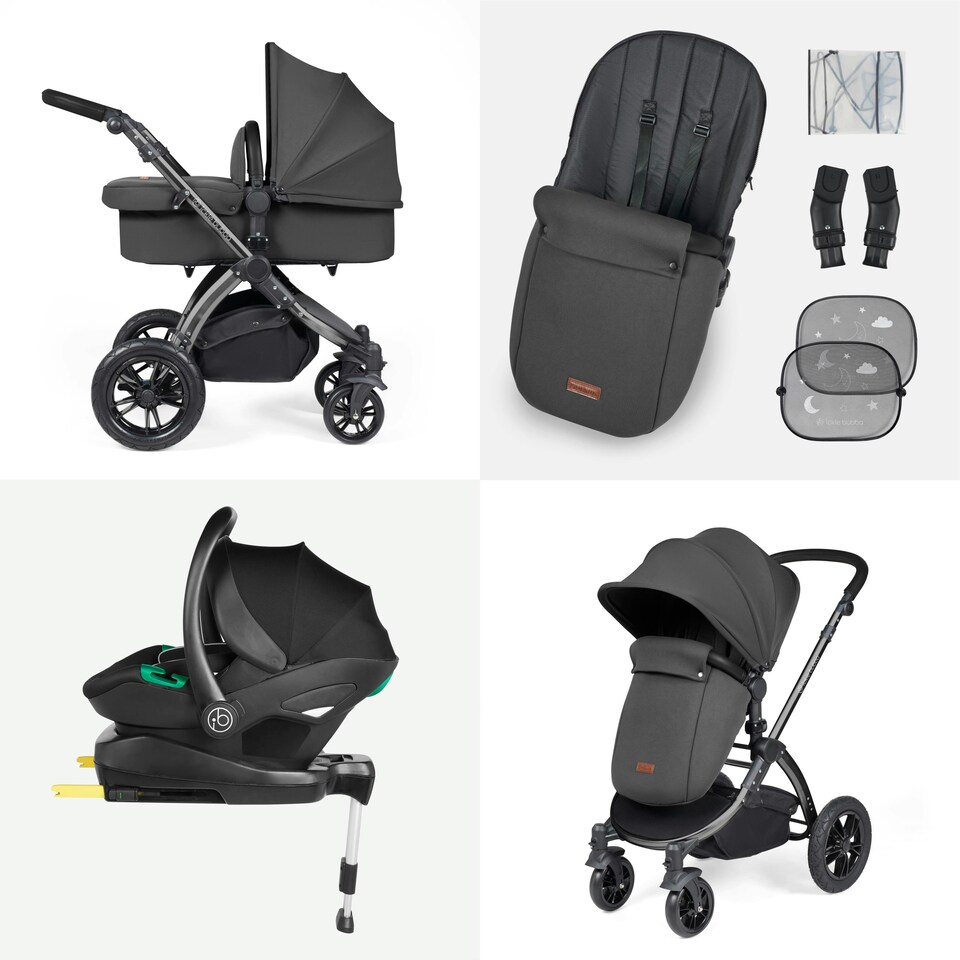 image 1 of Stomp Luxe 12pc Travel System with Stratus i-Size Car Seat & ISOFIX Base, Carrycot, Reversible Seat, Rain Cover & More (Black/Charcoal Grey/Black)