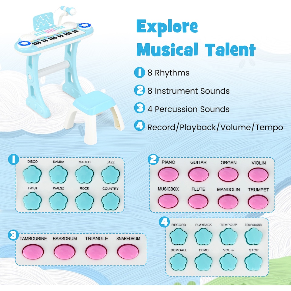 image 1 of COSTWAY Electronic Kids Piano Toy 37 Keys Piano Keyboard with Stool-Blue