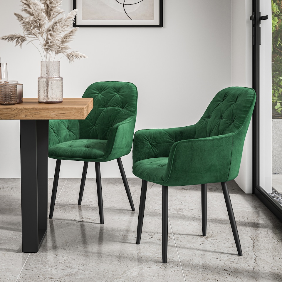 image 1 of Set Of 2 Anika Modern Velvet Dining Chair Padded Seat Metal Legs (Green) | Green | Green | One Size