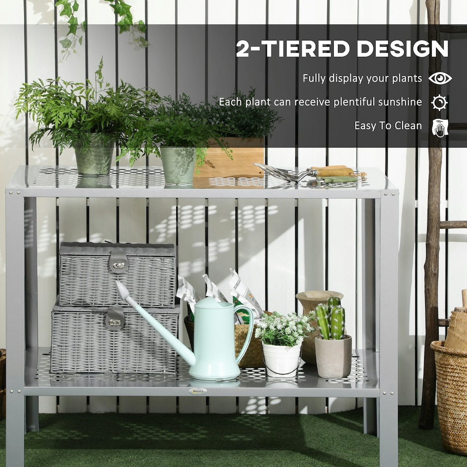 image 1 of Outsunny 2-Tier Plant Stand Storage Organizer Steel Display Shelf for Patio