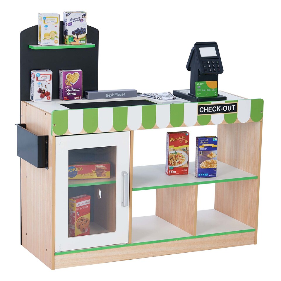 image 1 of Teamson Kids Cashier Interactive Play Checkout Counter Stand with 26 Accessories, Green/White
