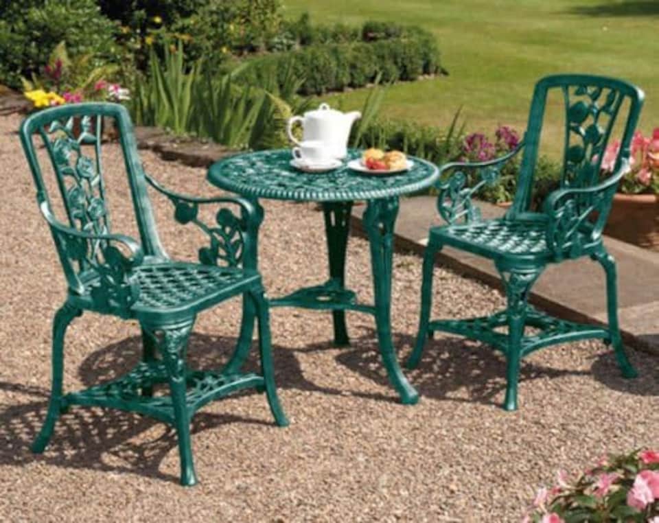 image 1 of Antique Effect Rose Design 2 Seater Bistro Patio Set Table UV-Stabilised PVC (Verdigris) | Green