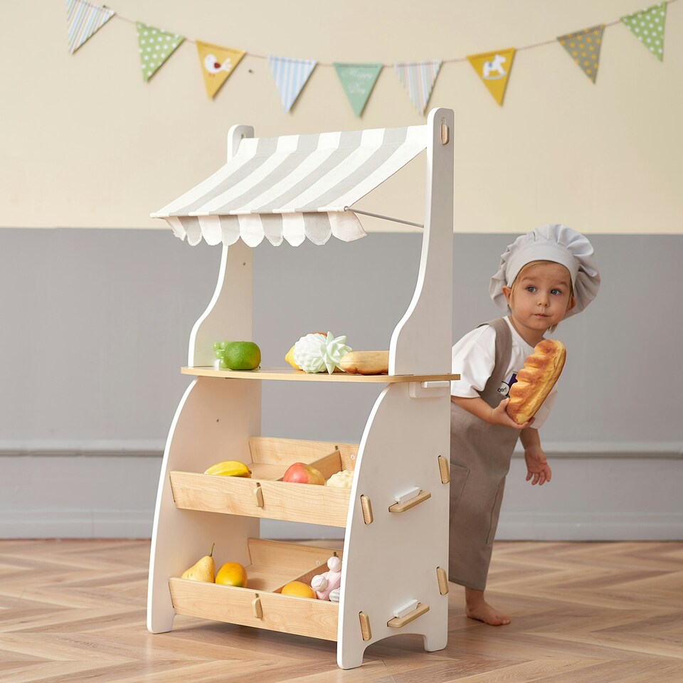 image 1 of Hooga Kids Wooden Toy Shop, Role Play Shop Market Stand With Realistic Shelving and Fabric Canopy