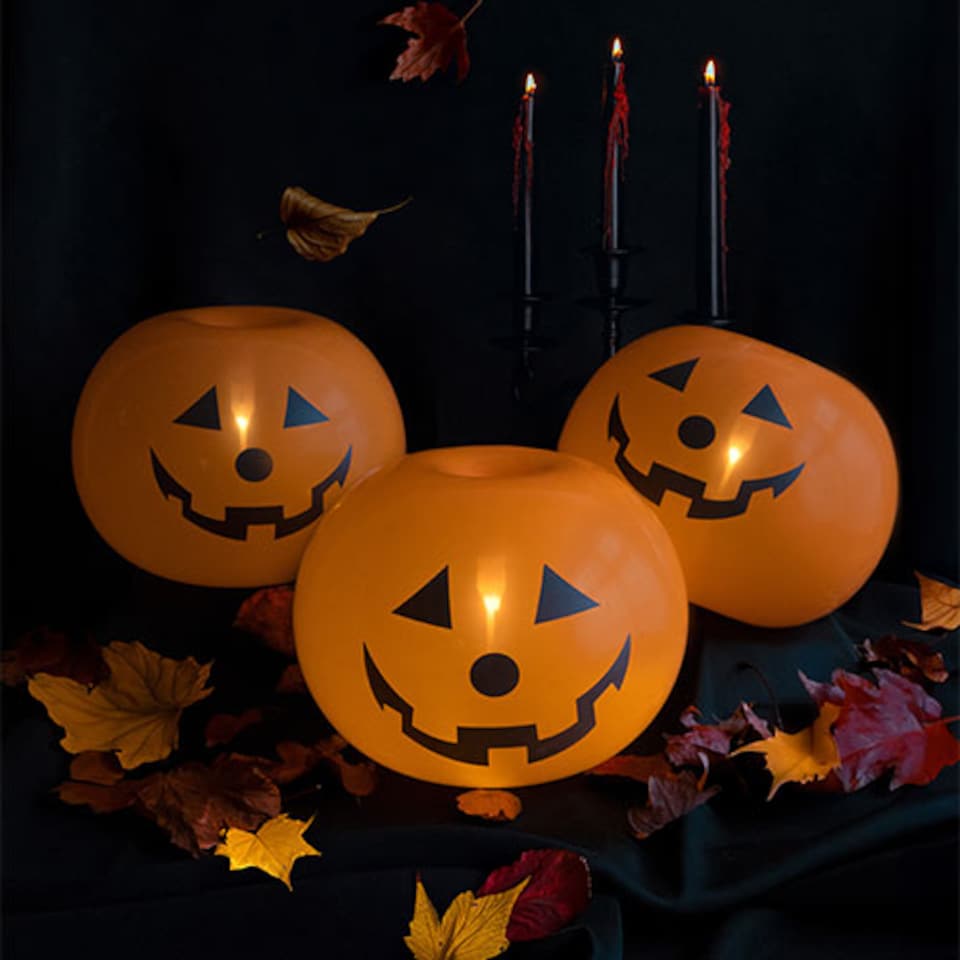 image 1 of Orange Pumpkin LED Light Up Halloween Round Latex Balloons - Pack of 5