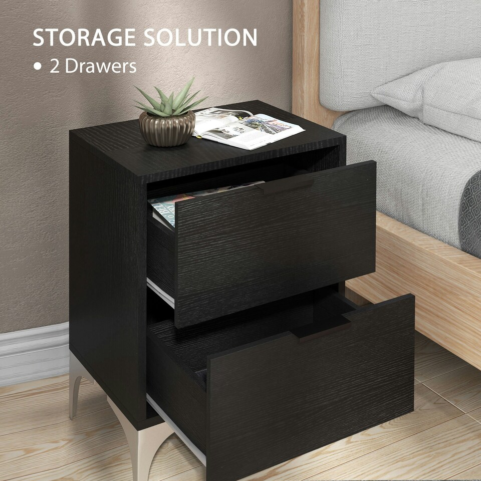 image 1 of HOMCOM Bedside Tables Set of 2 with 2 Drawers for Bedroom, Living Room, Black