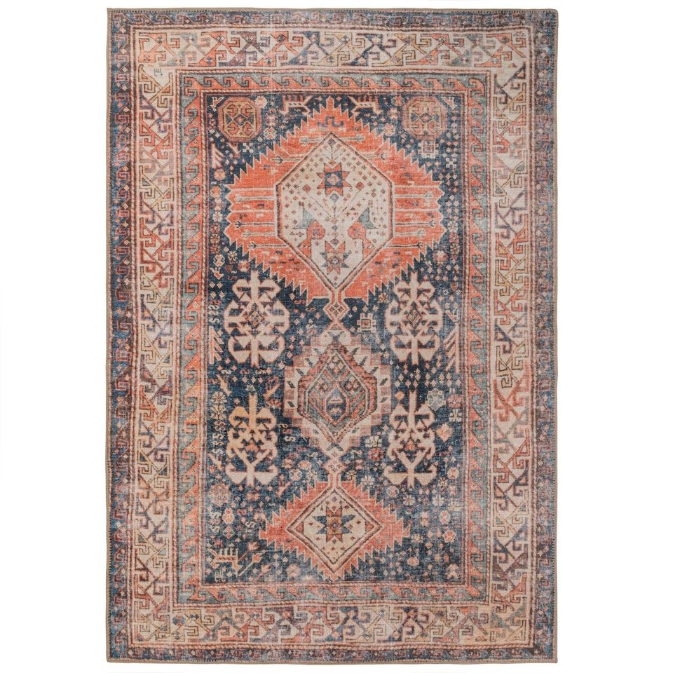 image 1 of KUKOON Terracotta Blue Distressed Persian Style Non Slip Washable Low Pile Rug 120cm x 170cm