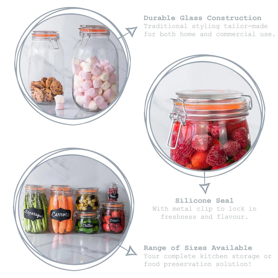 image 1 of Argon Tableware Glass Storage Jars - 350ml - Set of 6 - 4 Colour Seals Airtight Kitchen Storage Container Preserving Jar