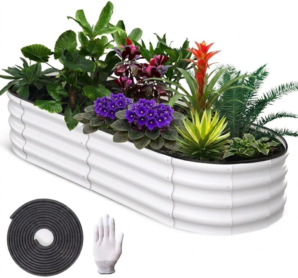 London Boutique Galvanized Steel Raised Garden Bed Planter Box - Deep Oval, Open Bottom Base - Reinforced Rust-Resistant, Easy Assembly - 2.44 x 0.61
