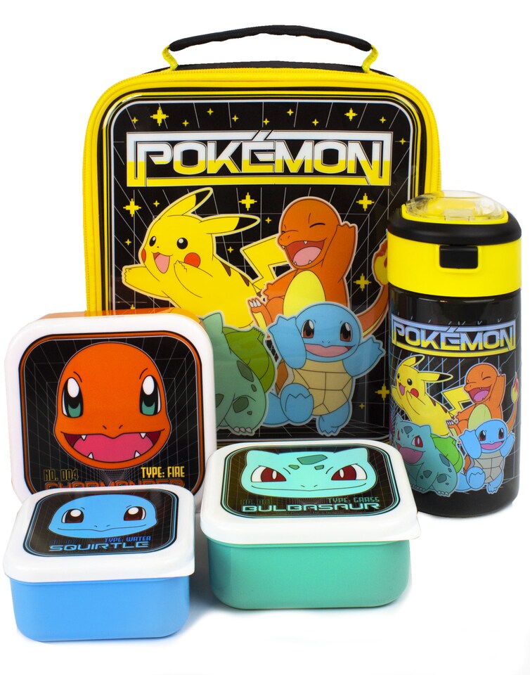 image 1 of Pokemon Lunch Bag Set | Adventure with Pikachu, Bulbasaur, Squirtle, Charmander | 5-Piece School Dinner Bag with BPA-Free Water Bottle & Snack Pots | One Size Fun