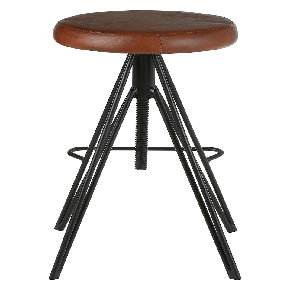 image 1 of Interiors by Premier Stylish Round Leather Stool, Comfortable Leather Upholstered Bar Stool, Sturdy Metal Kitchen Stool Brown