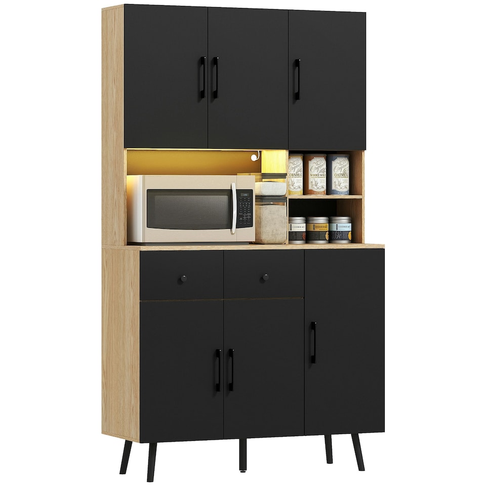image 1 of HOMCOM Tall Kitchen Cupboard with LED Lights and Adjustable Shelves, Oak | Black | Oak | 100W x 40D x 176H cm