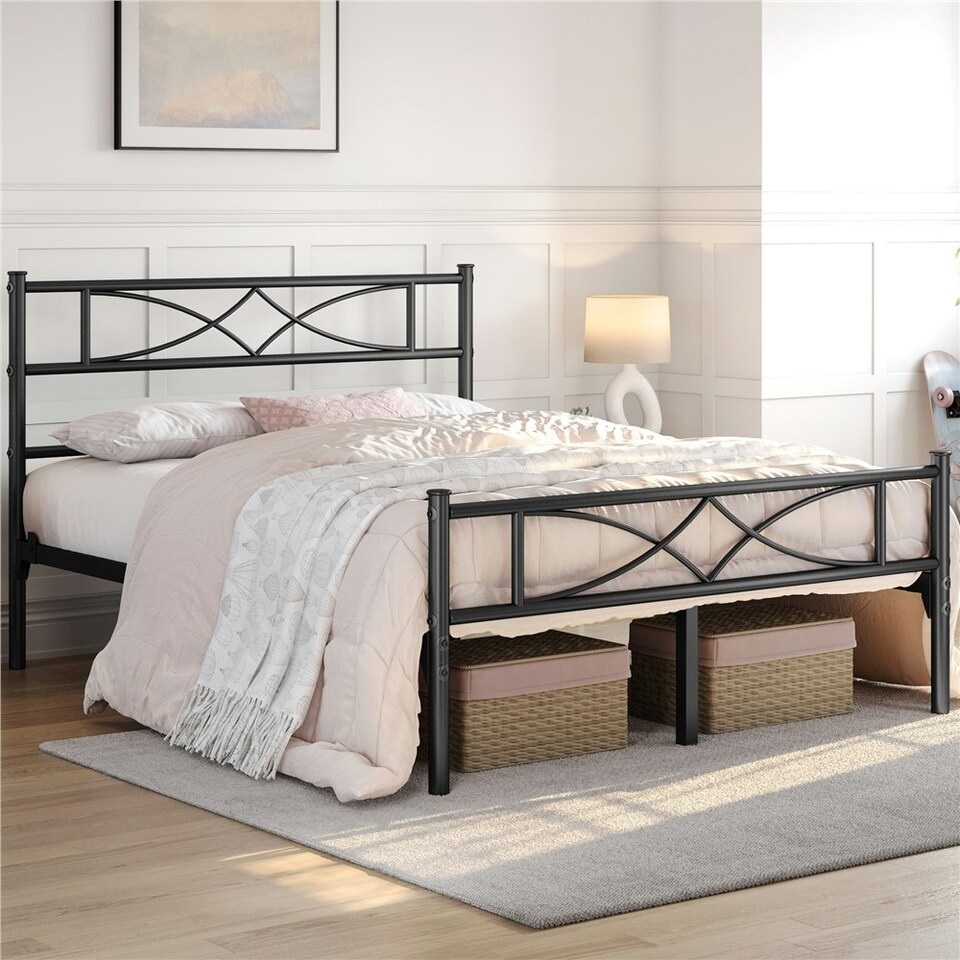 image 1 of Yaheetech 4ft6 Metal Platform Bed Frame with Headboard Black