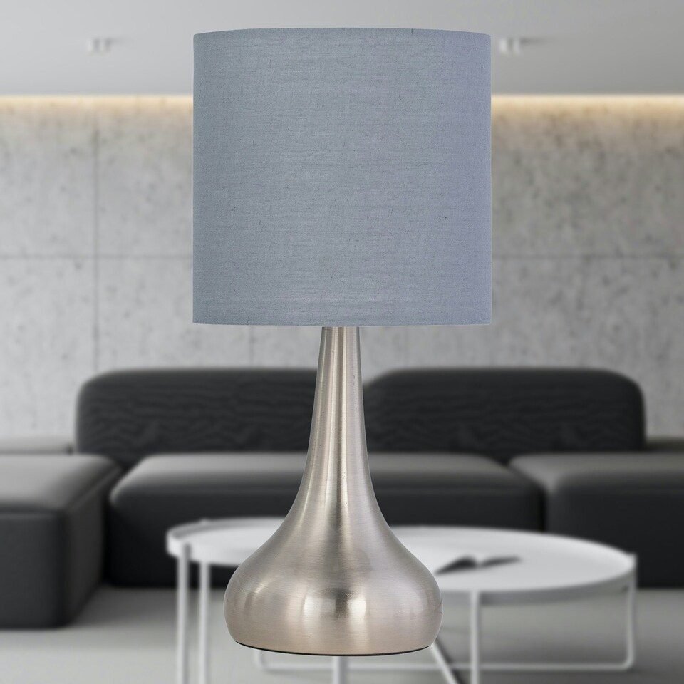 image 1 of Set of 2 Romana - Brushed Chrome Touch Operated Table Lamps Bedside Lights Grey Cotton Shade Silver | Grey