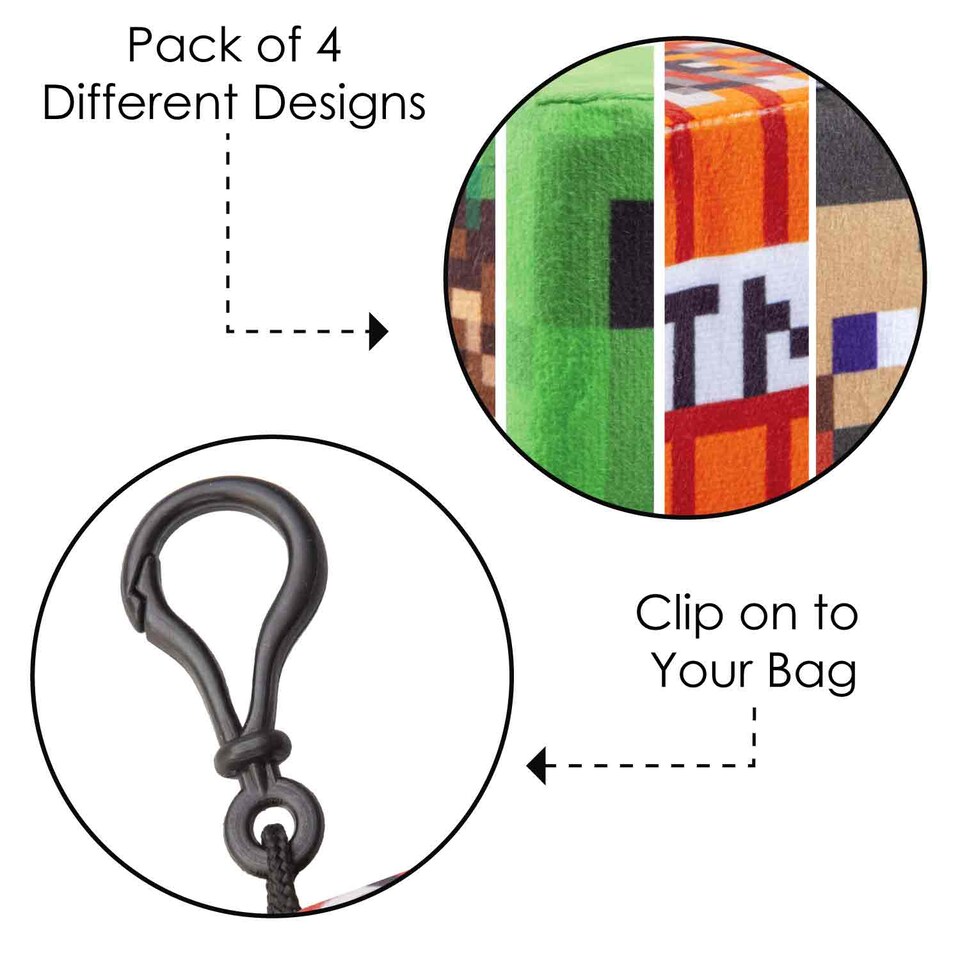 image 1 of VFM e-Store Minecraft Clip-On Plush Set - Steve, Creeper, TNT & Land Block - 8cm