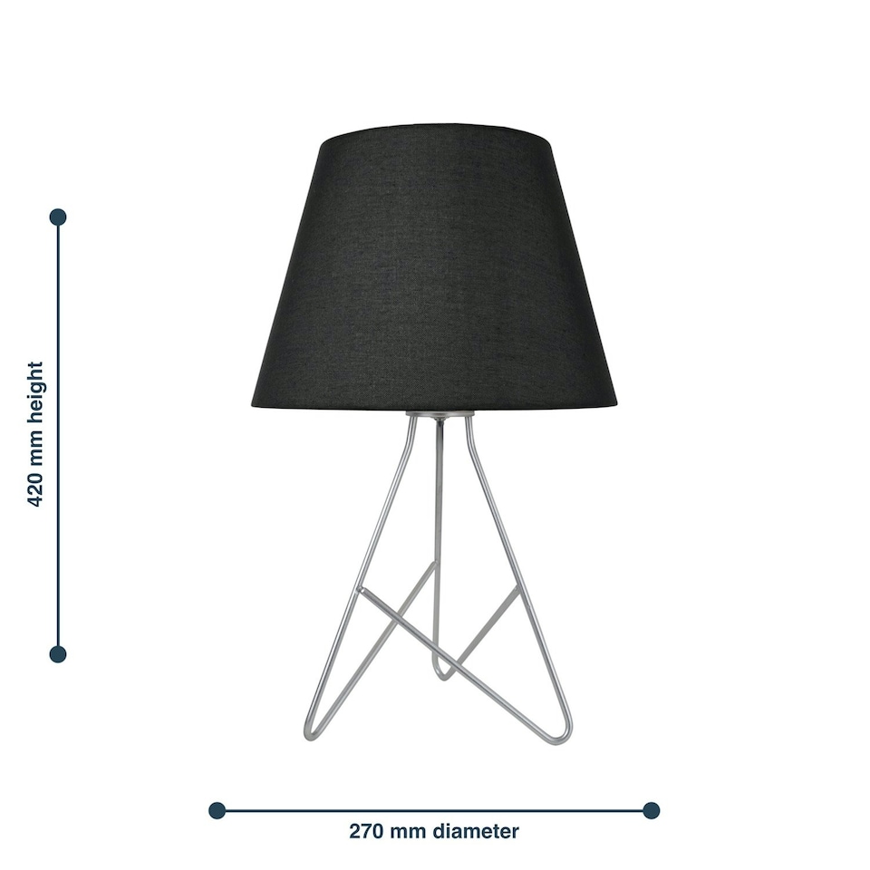 image 1 of Set of 2 Tripod - Silver 42cm Table Lamps With Black Fabric Shades Silver | Black