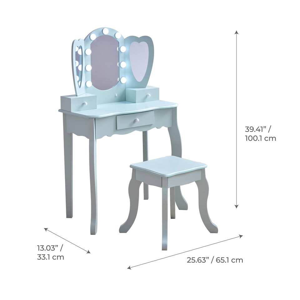 image 1 of Teamson Kids Heart-Shaped Play Vanity Table with LED Lights, Triple Mirror, Stool & Storage Drawers, Light Blue | Blue