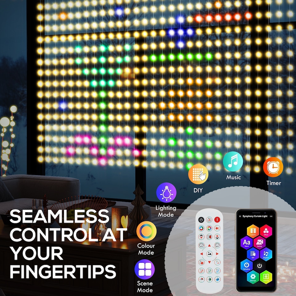 image 1 of HOMCOM LED Curtain Lights, Smart Colour Changing Fairy String Lights with Remote and App, 400 RGBIC LED, Dynamic DIY Hanging, for Bedroom Living Room Wall, 3x3 m