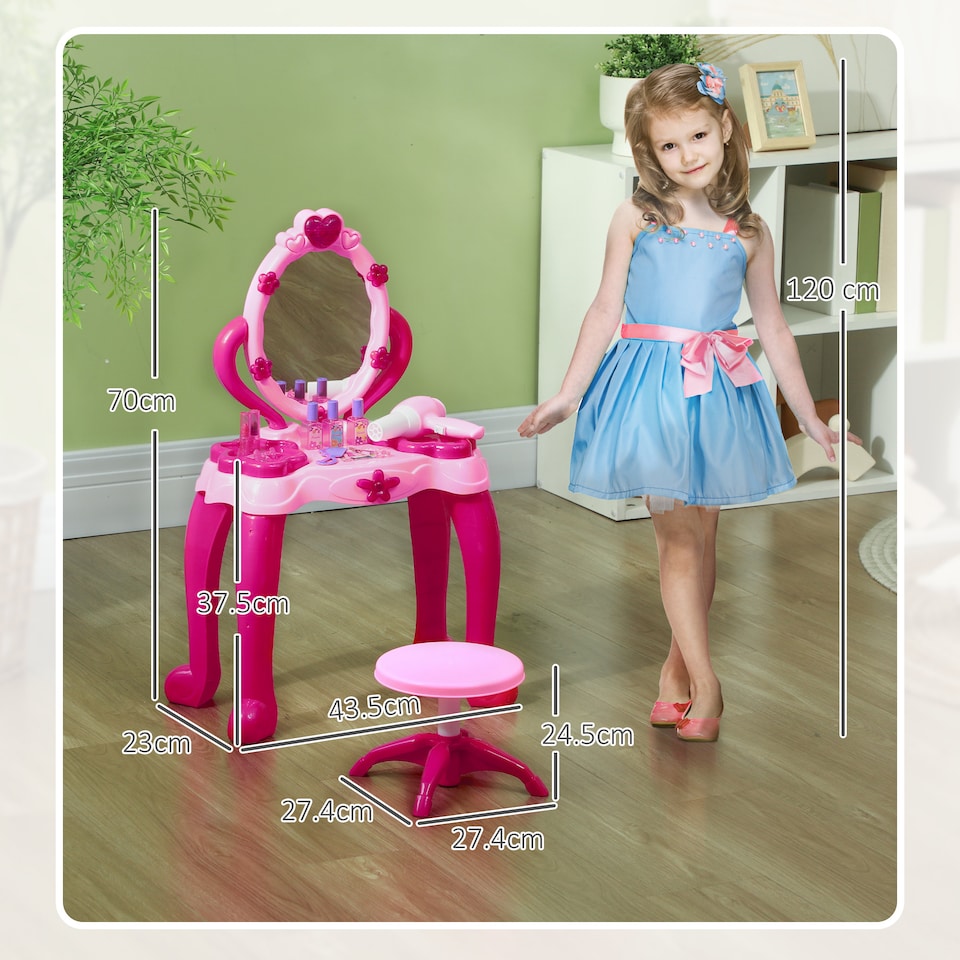 image 1 of AIYAPLAY Kids Dressing Table with Mirror and Stool, Kids Vanity Table Make Up Pretend Play Toys with Light, Music, 15 Accessories, for Ages 3-6 Years, Pink
