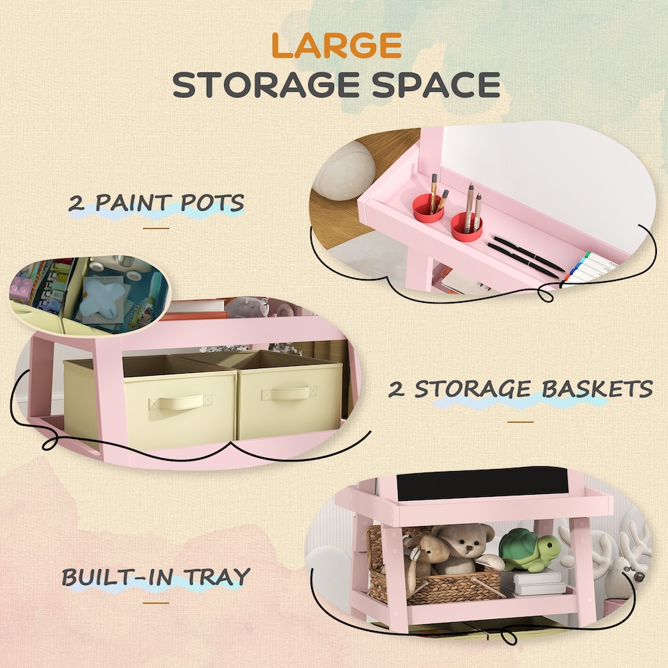image 1 of AIYAPLAY Double-Sided Art Easel for Kids w/ Paper Roll, Storage Baskets Pink
