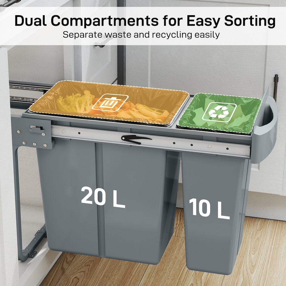 image 1 of HOMCOM Under-Sink Kitchen Trash Bin, 2 Removable Recycling Containers, Grey