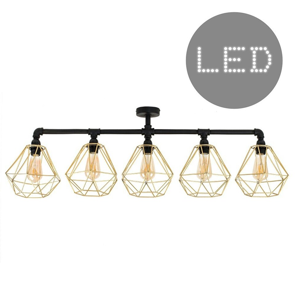 image 1 of ValueLights Luiggi Matte Black Semi-Flush Light with Gold Tapered Shade and E27 Pear LED 4W Warm White 2700K Bulb