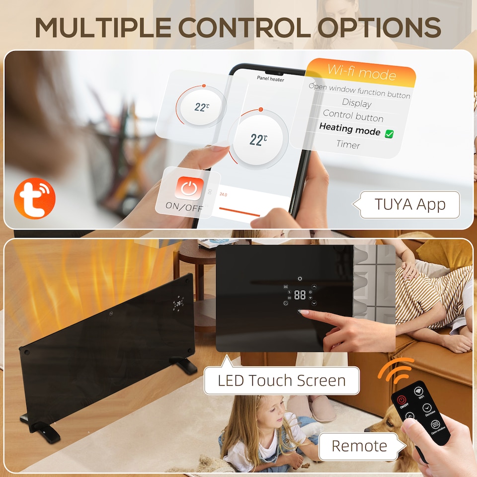 image 1 of HOMCOM Electric Heater Wifi Smart App, 2000W Glass Panel Heater Radiator, Freestanding or Wall Mounted Convector Space Heater with LED Display, 24Hr 7 Day Timer, Adjustable Thermostat, Remote Control