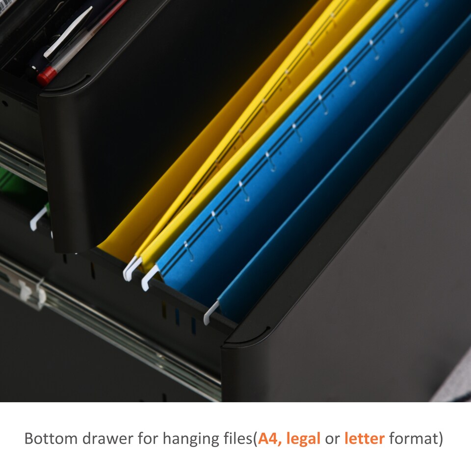 image 1 of Vinsetto 3-Drawer Mobile Filing Cabinet, Steel Lockable File Cabinet for A4, Legal, Letter, Compact Under Desk Storage Unit with Pre-Assembled Body Except Wheels for Home Office, 39 x 48 x 59cm, Black