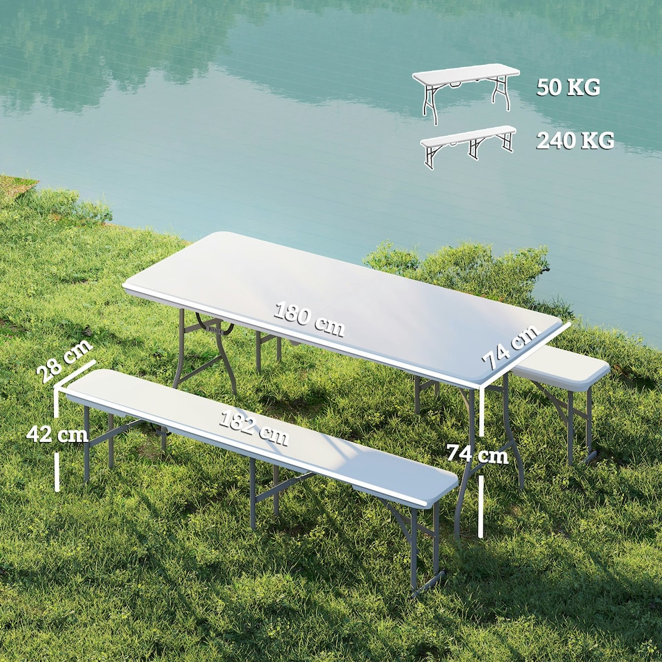 image 1 of Outsunny 3 Piece Folding Picnic Table and Bench Set with Handles, White