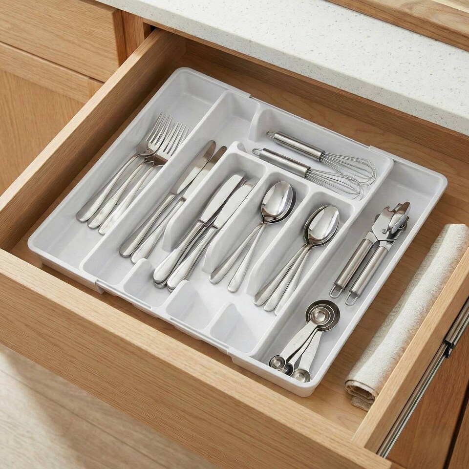 image 1 of 7-Section Extendable Plastic Cutlery Tray Organiser | White | 1
