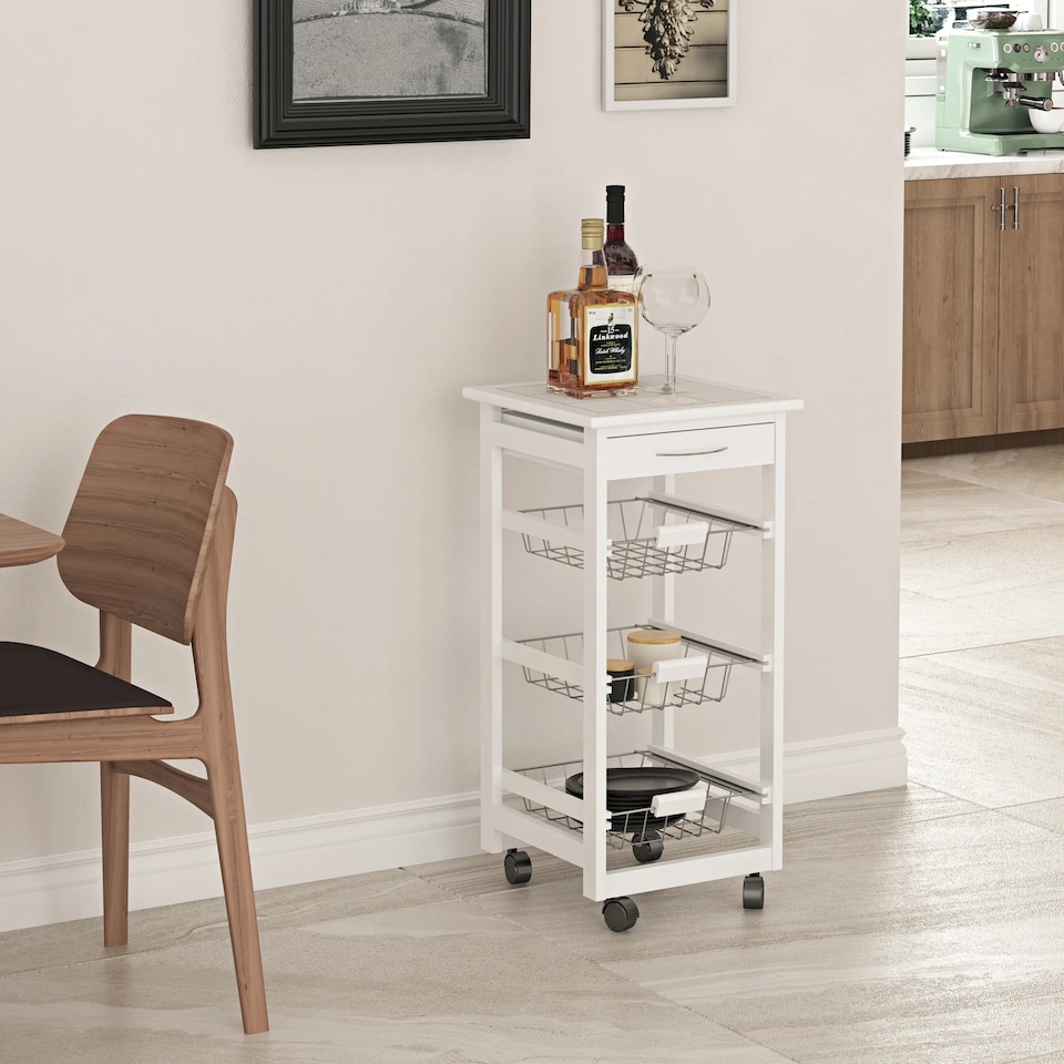 image 1 of Rolling Kitchen Island Trolley Serving Cart White Tile Top Drawer Shelves Basket | White | White | 1