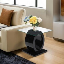 Interiors by Premier Modern O Shaped Wooden Side Table, Glass Top Wood Side Table, Black Bedside Table, Tempered Glass Side Table Black