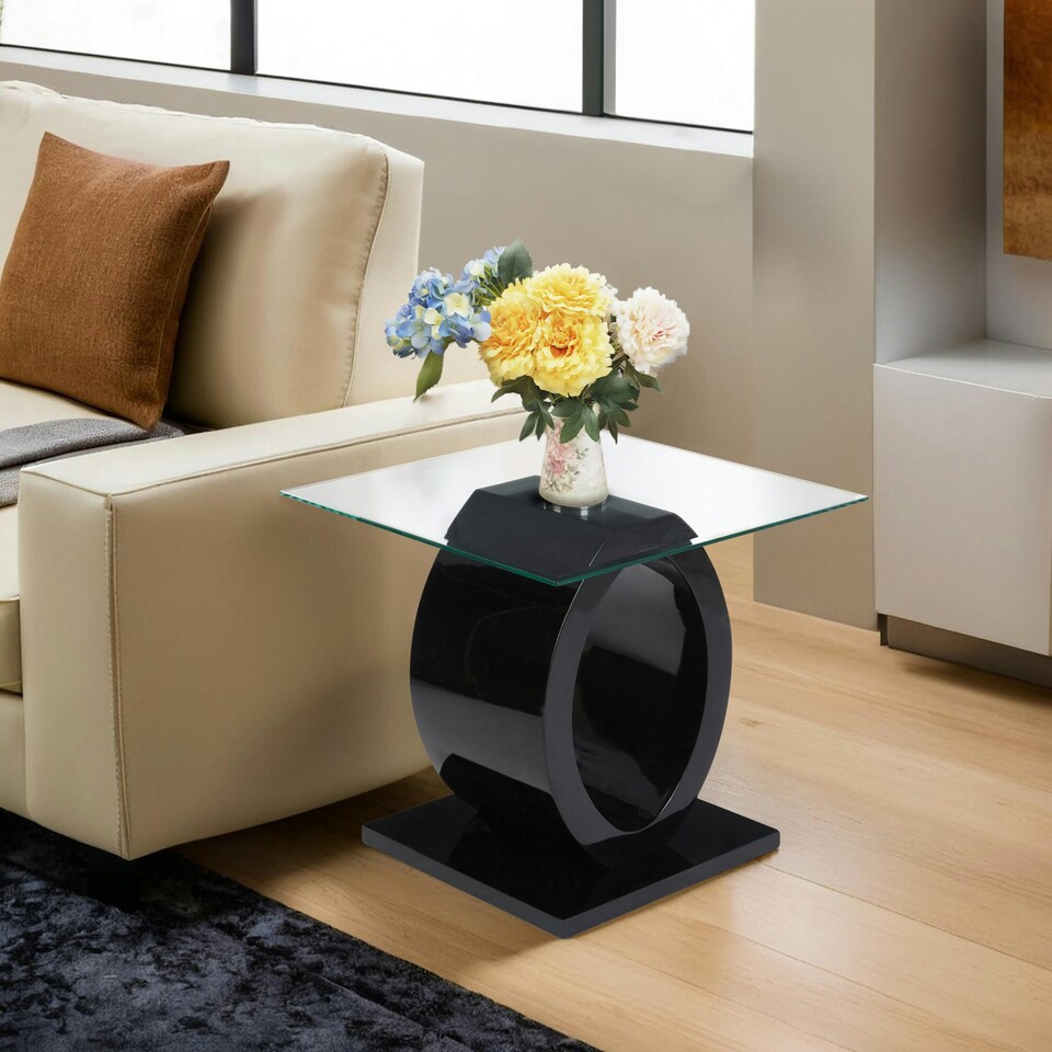 image 1 of Interiors by Premier Modern O Shaped Wooden Side Table, Glass Top Wood Side Table, Black Bedside Table, Tempered Glass Side Table Black