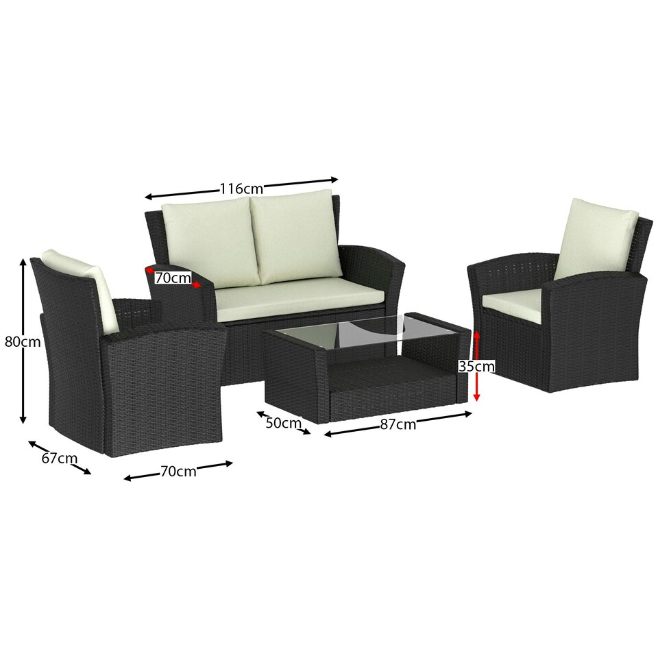 image 1 of Garden Vida Mylor 4 Seater Rattan Set Chair Sofa Coffee Table Outdoor Garden Furniture, Black