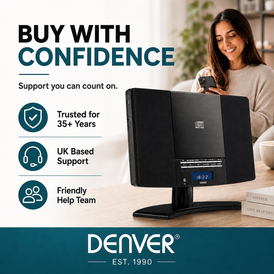 image 1 of Denver MC-5220 CD Player For Home HiFi System - CD Player With Speakers & Radio - Mains Power, Clock Radio, Remote Control, Desktop Stand/Wall Mounted CD Player