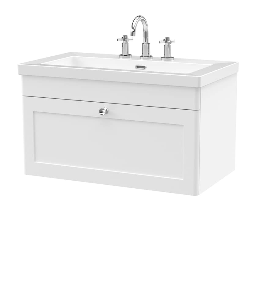 image 1 of Balterley Swynnerton Traditional 1 Drawer Wall Hung Vanity Unit with Fireclay Basin, Satin White, 800mm