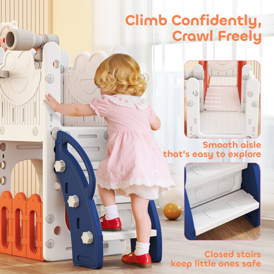 image 1 of AIYAPLAY 7 in 1 Toddler Slide Set, Frog Theme Playset with Basketball Hoop | Orange | Orange & White | 176L x 150W x 94H cm