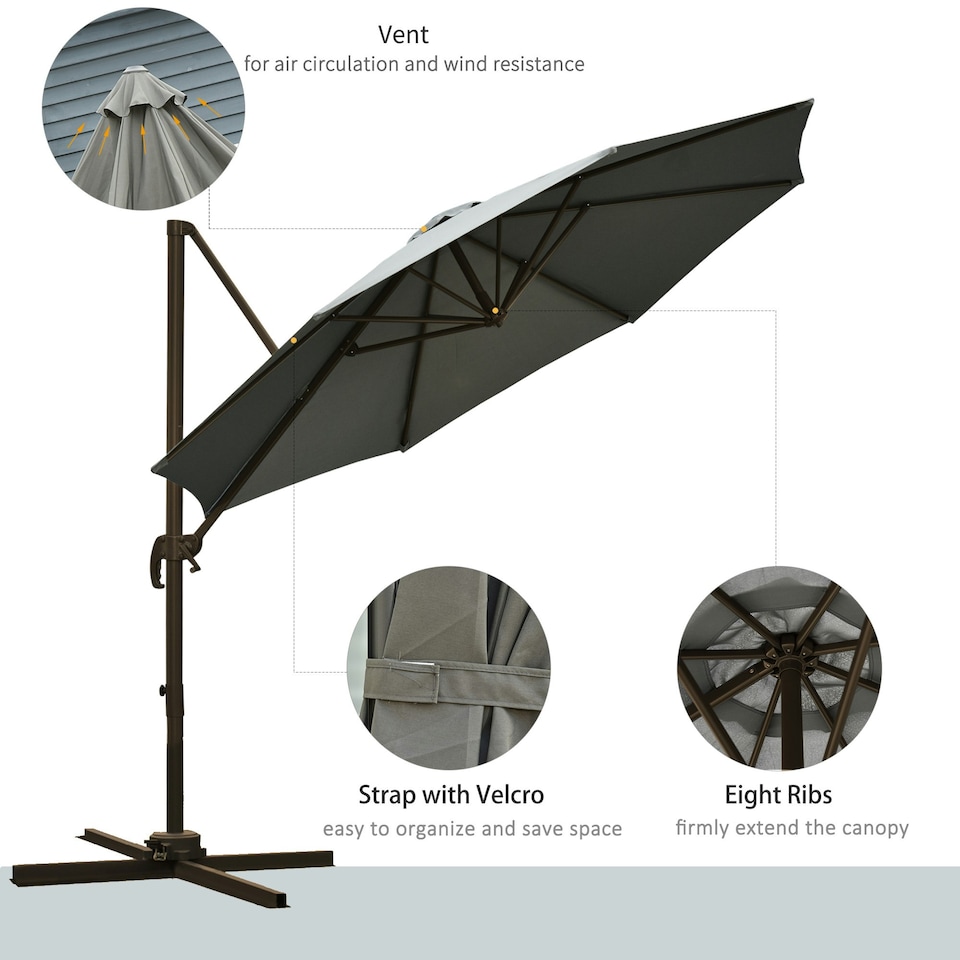 image 1 of Outsunny 3(m) Garden Banana Parasol Patio Cantilever Hanging Umbrella Dark Grey