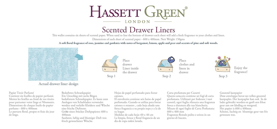 image 1 of Hassett Green London - Natural Cotton Scented Drawer Liners - Two Pack of 6 Sheets size 600 x 400 mm (Twin Pack)