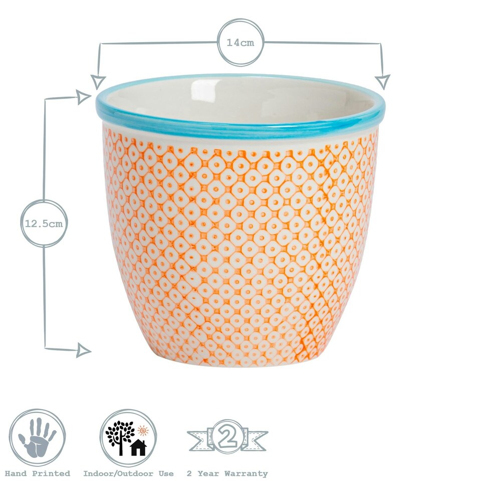 image 1 of Nicola Spring Hand-Printed Plant Pot - 14cm - Orange Orange