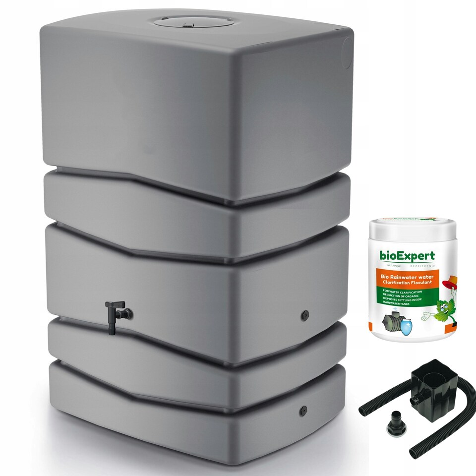 image 1 of Water Butt Kit with Tap, Diverter & Bio Cleaner – Rainwater Collector for Garden, Balcony & Terrace – Durable Plastic Water Storage Tank Grey | 450L