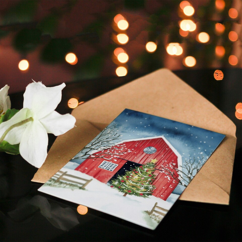 image 1 of Barn Decorated Tree Winter Landscape Blank For Him Or Her Art Xmas Festive Christmas Card